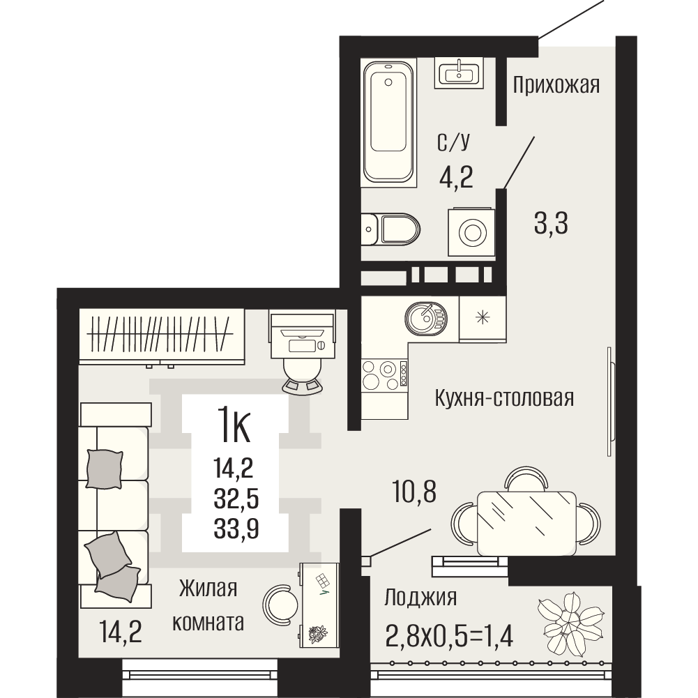 Планировка 1-комнатная, 33.9 м²