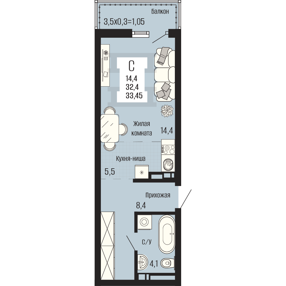 Планировка Студия, 33.45 м²