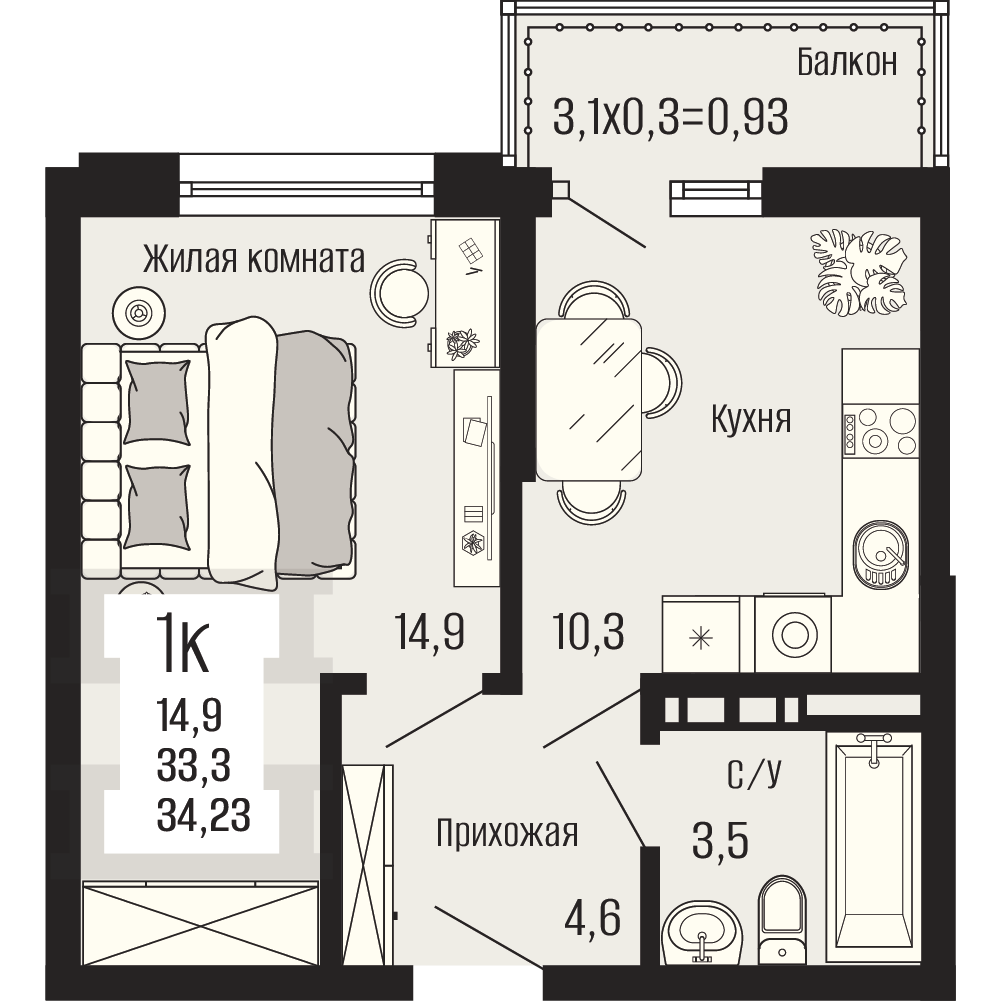 Планировка 1-комнатная, 34.23 м²