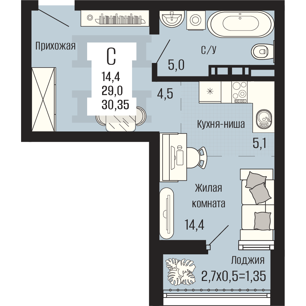 Планировка Студия, 30.35 м²