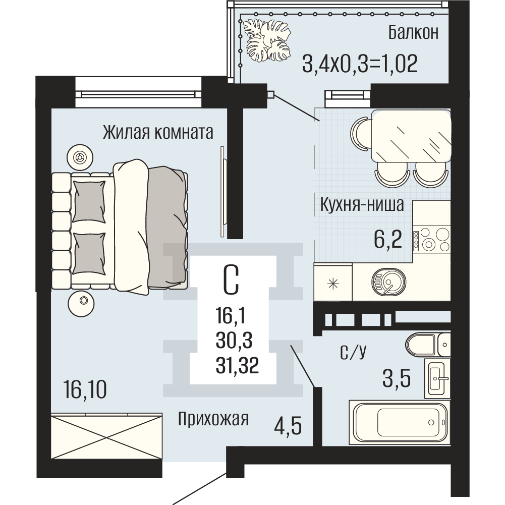 Планировка Студия, 31.32 м²