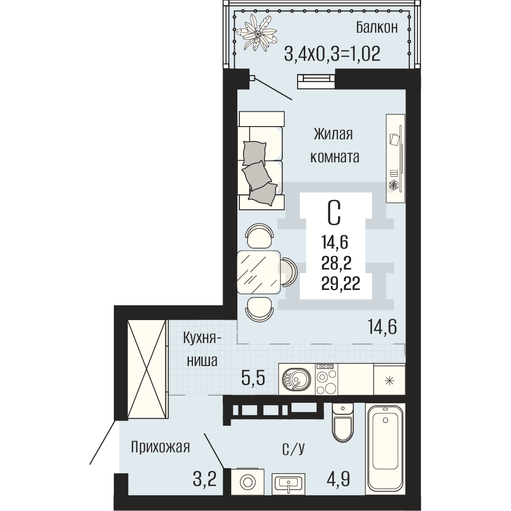 Планировка Студия, 29.22 м²