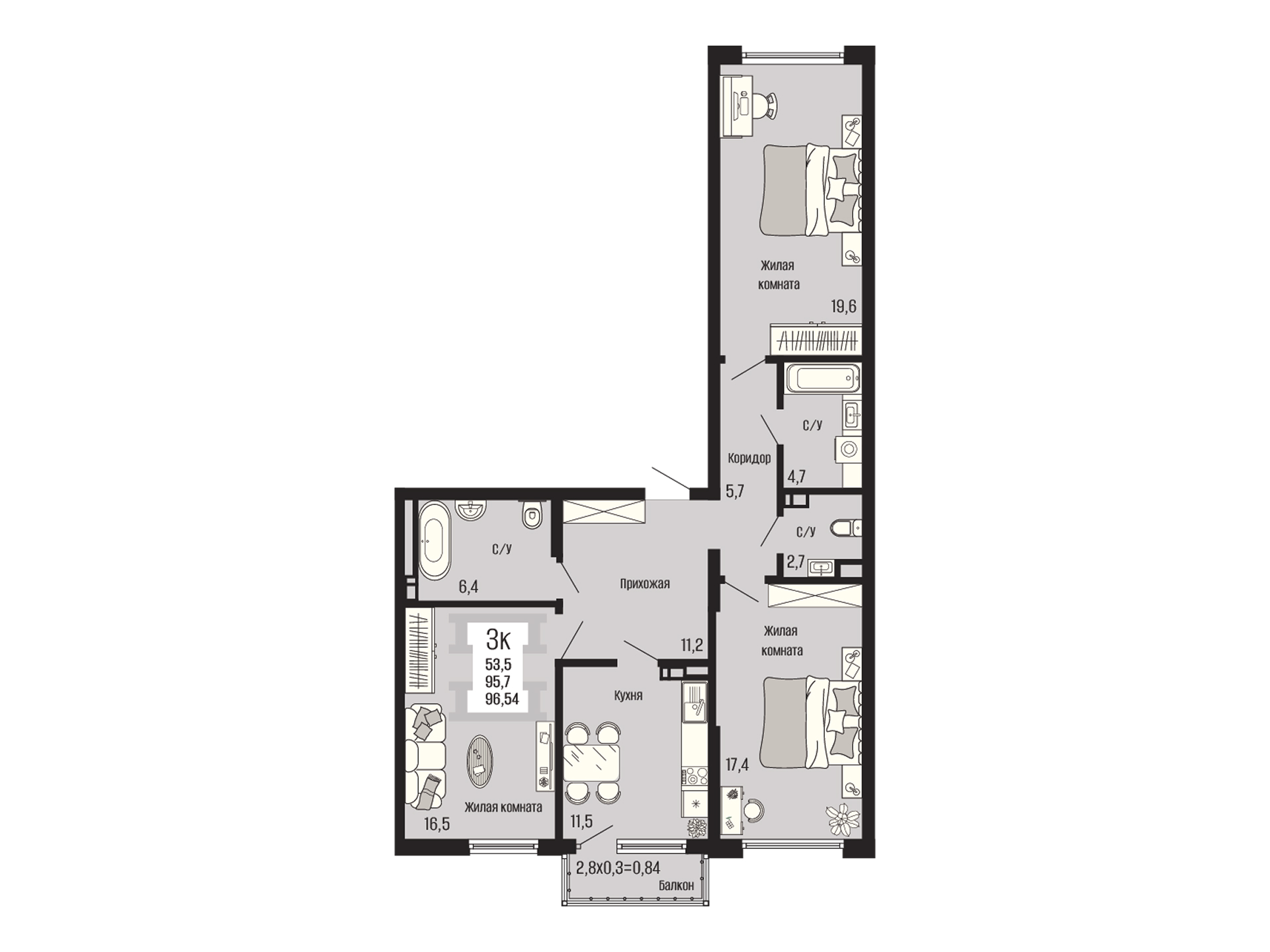 Планировка 3-комнатная, 96.54 м²