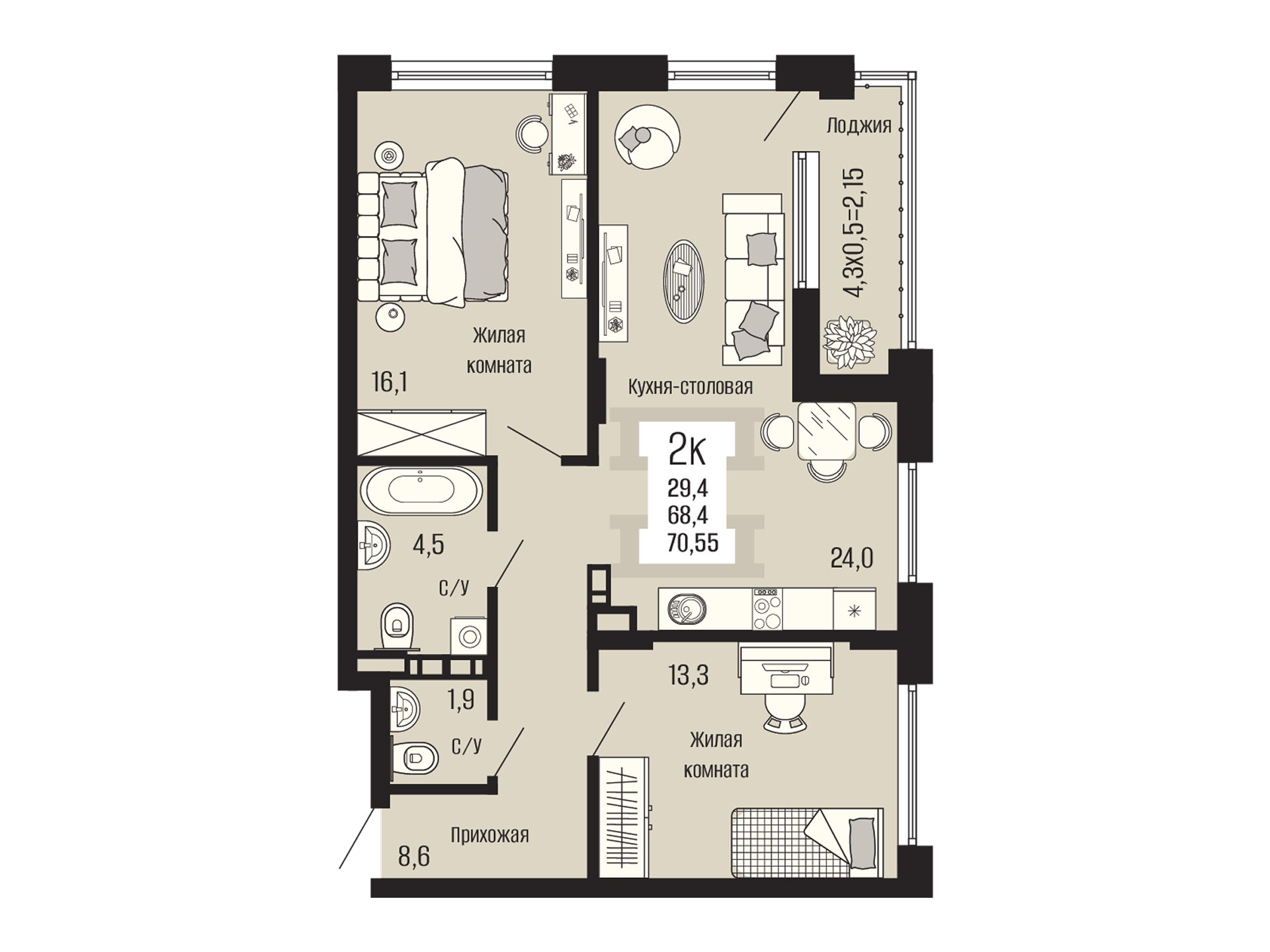 Планировка 2-комнатная, 70.55 м²