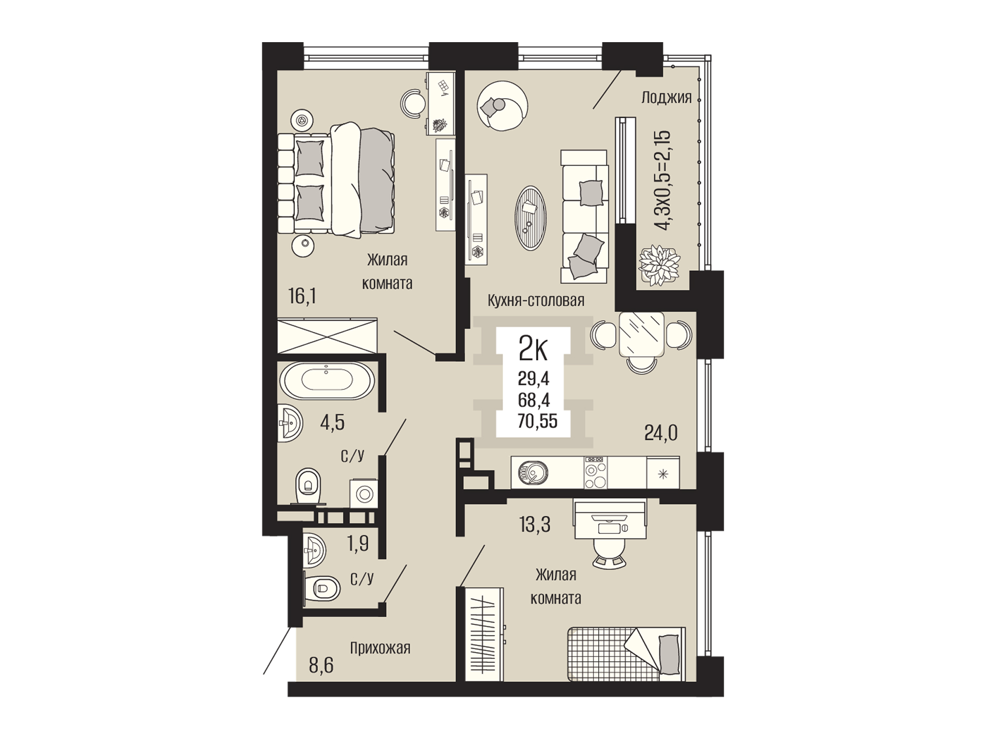 Планировка 2-комнатная, 70.55 м²