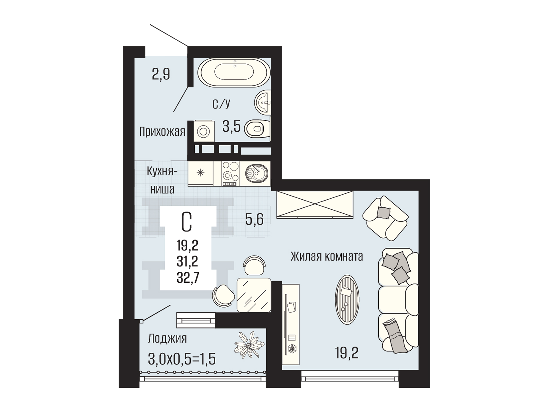 Планировка Студия, 32.7 м²