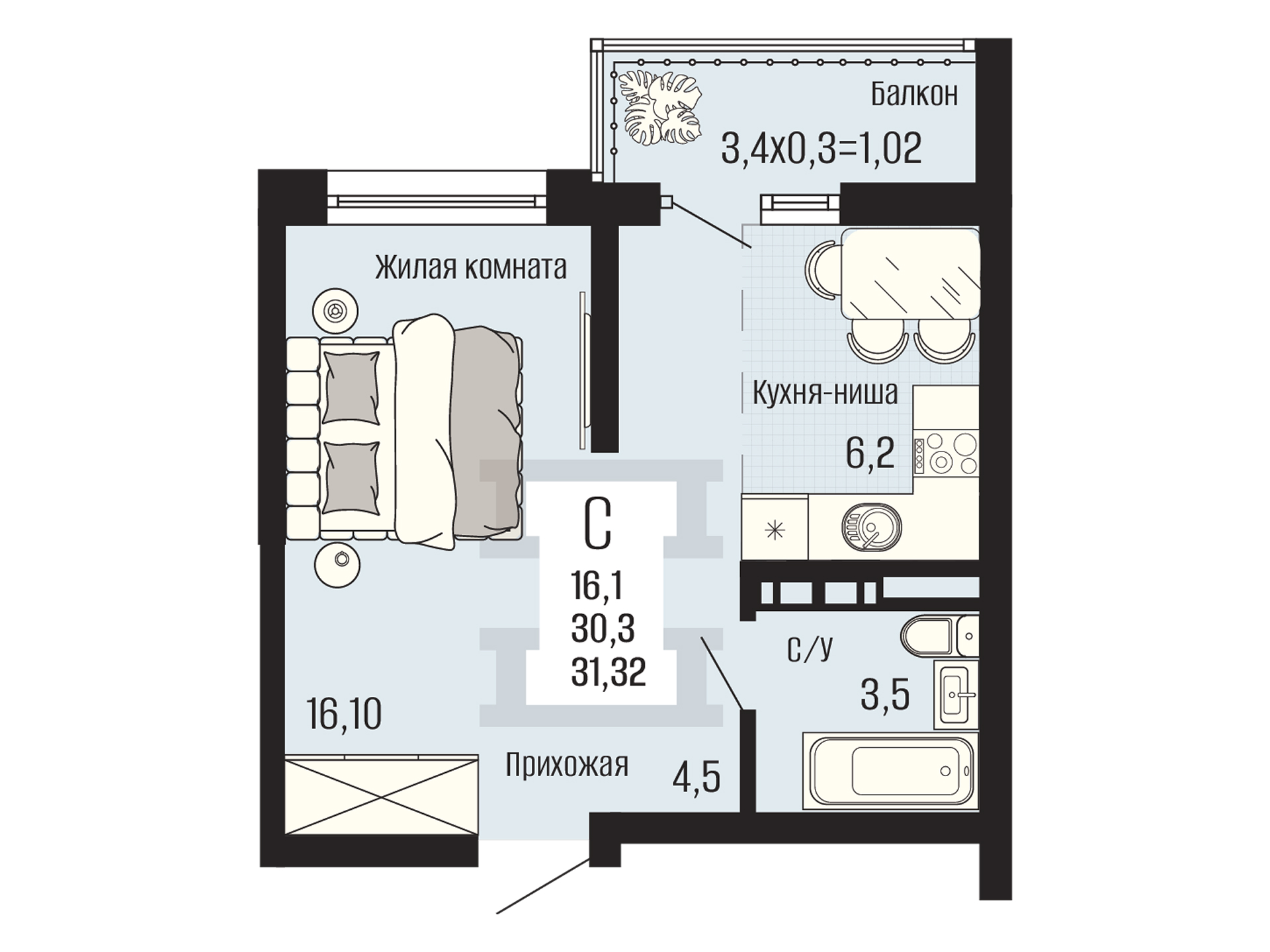 Планировка Студия, 31.32 м²