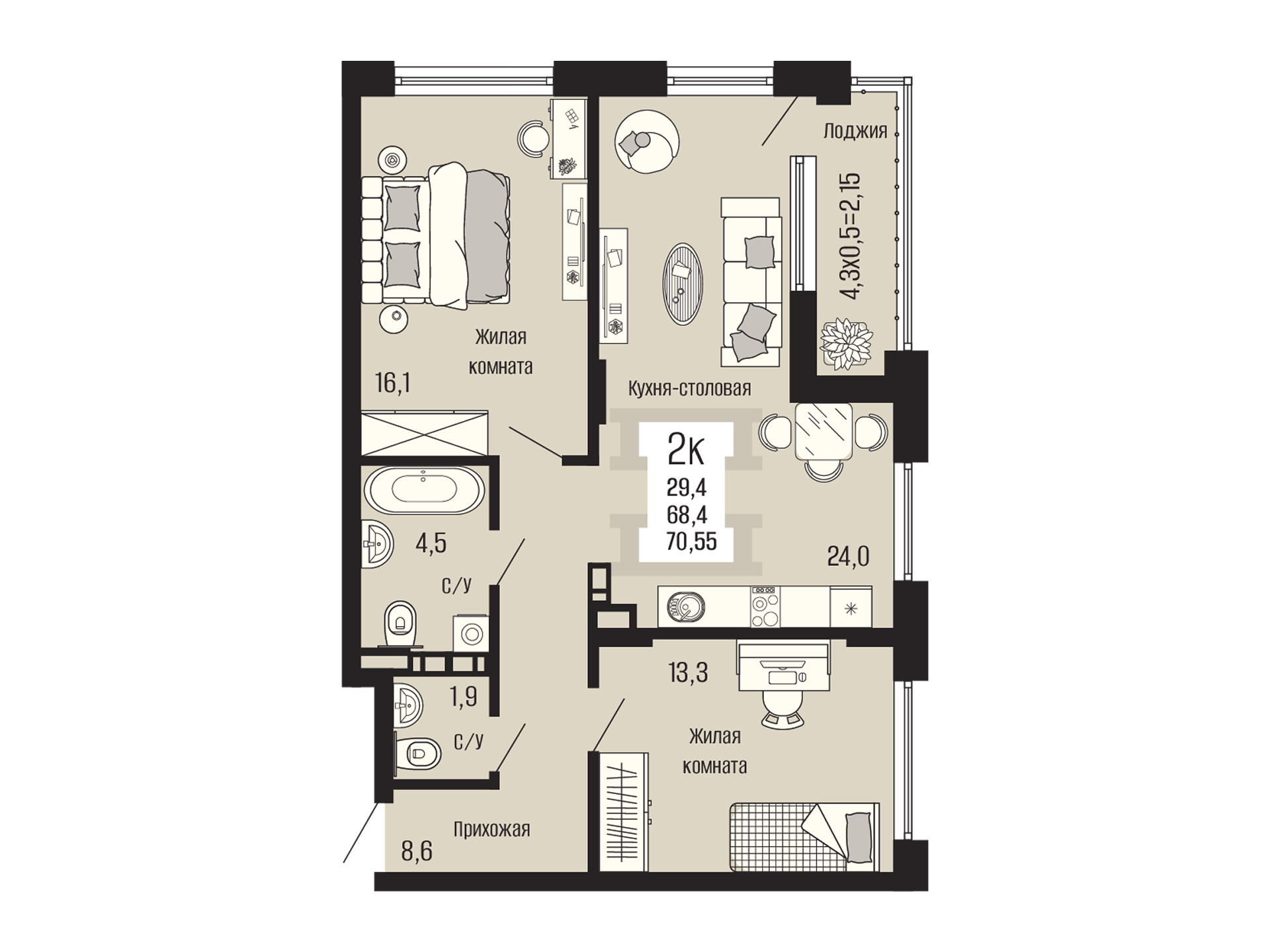 Планировка 2-комнатная, 70.55 м²