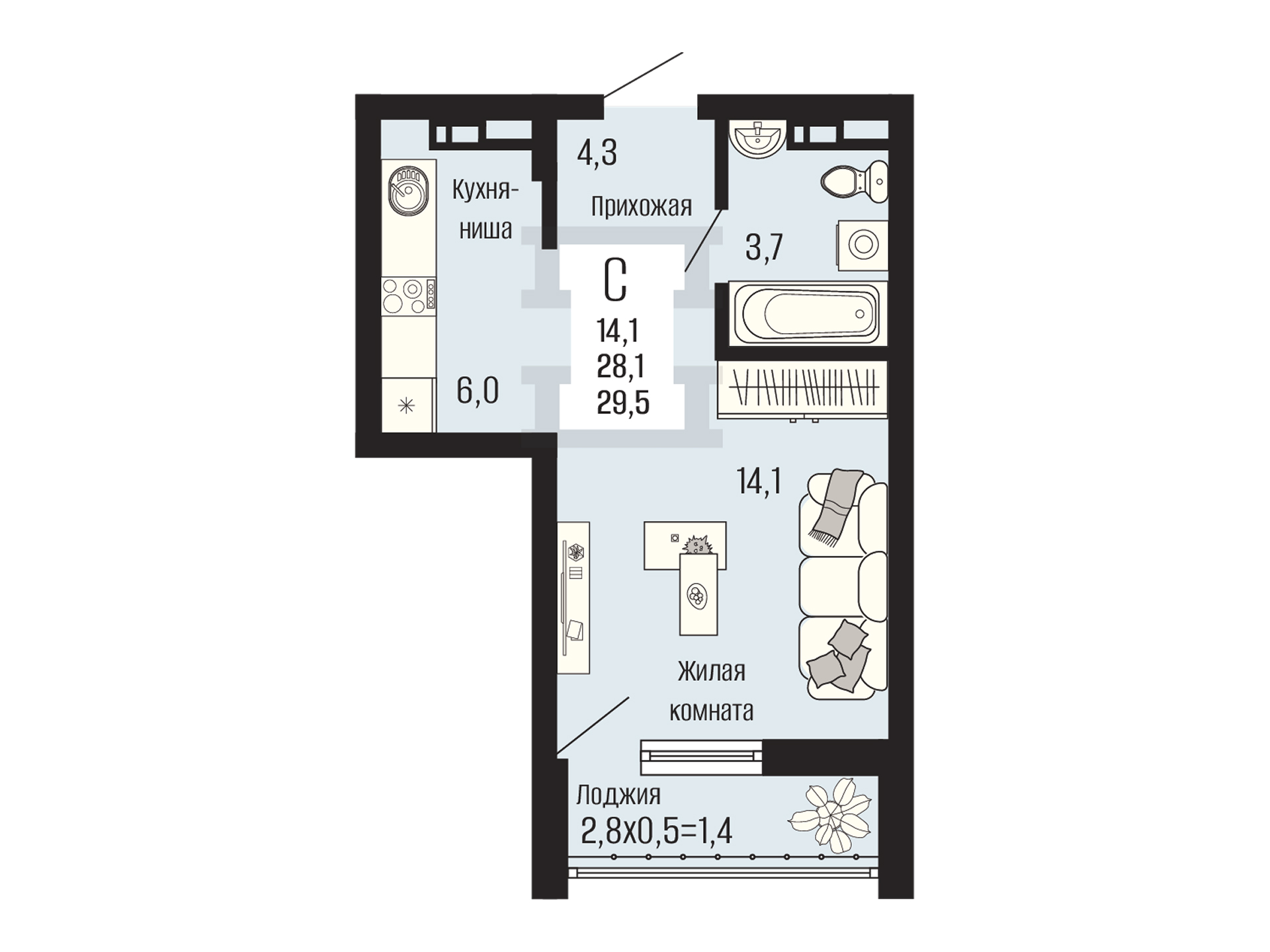 Планировка Студия, 29.5 м²