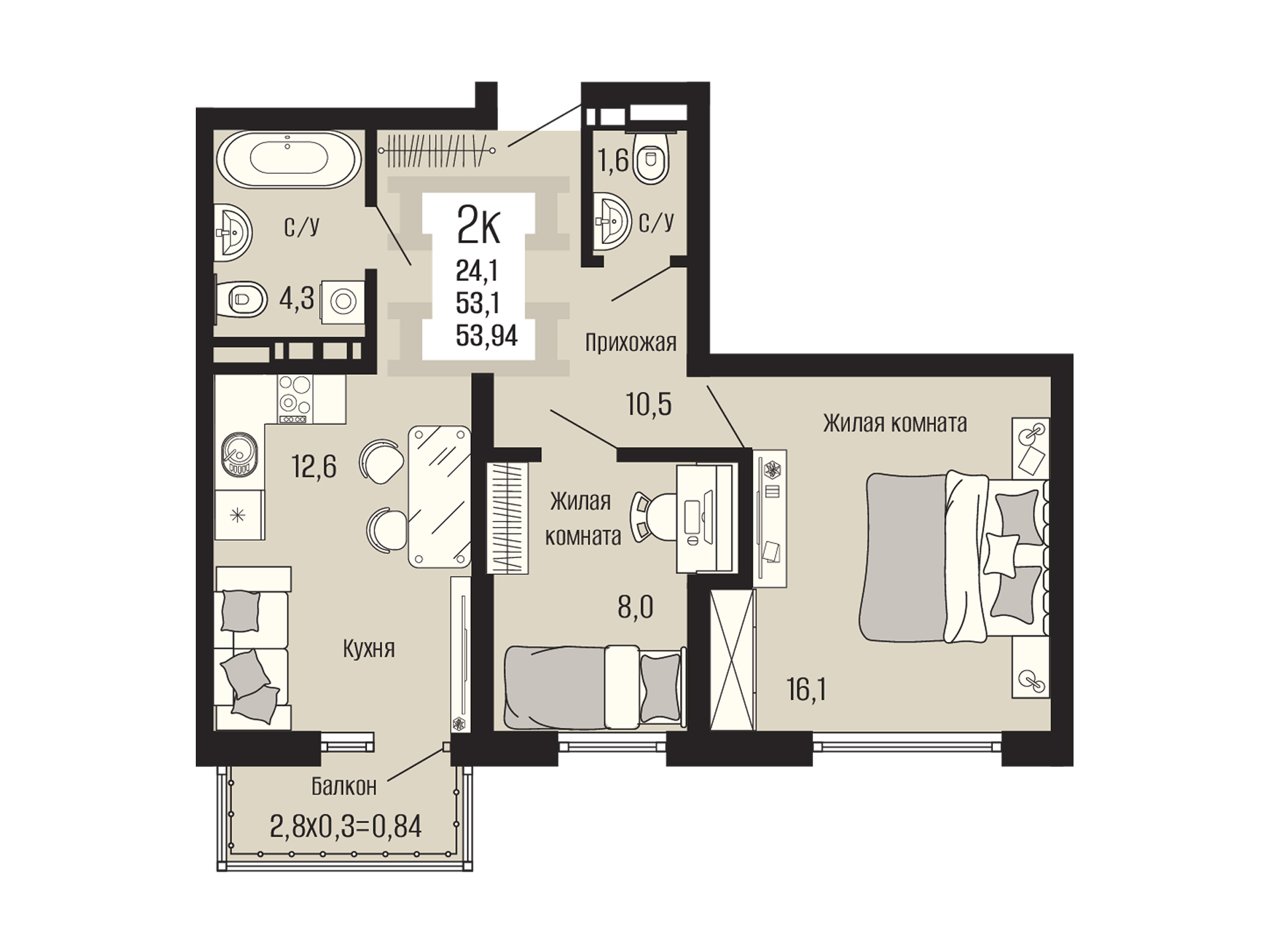 Планировка 2-комнатная, 53.94 м²