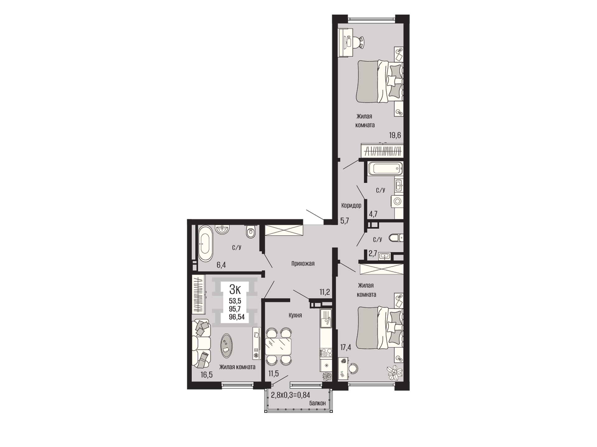 Планировка 3-комнатная, 96.54 м²
